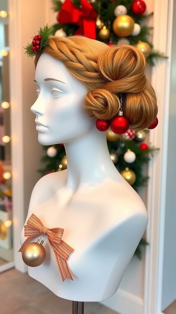 Mannequin with Christmas hairstyles: braided crown, glamorous bun with ornaments, and loose waves with ribbons.